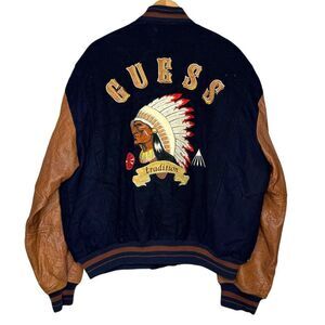 Vintage Guess Indian Head Leather Wool Varsity Letterman Jacket Men’s Sz L